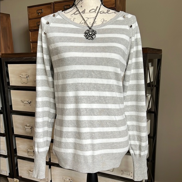 White House Black Market Sweaters - White House Black Market WHBM Gray and White Stripe Sweater